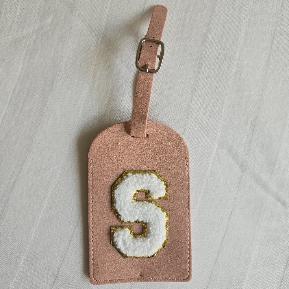 NEW Initial monogram S White and Peach Luggage Tag Gold outline travel